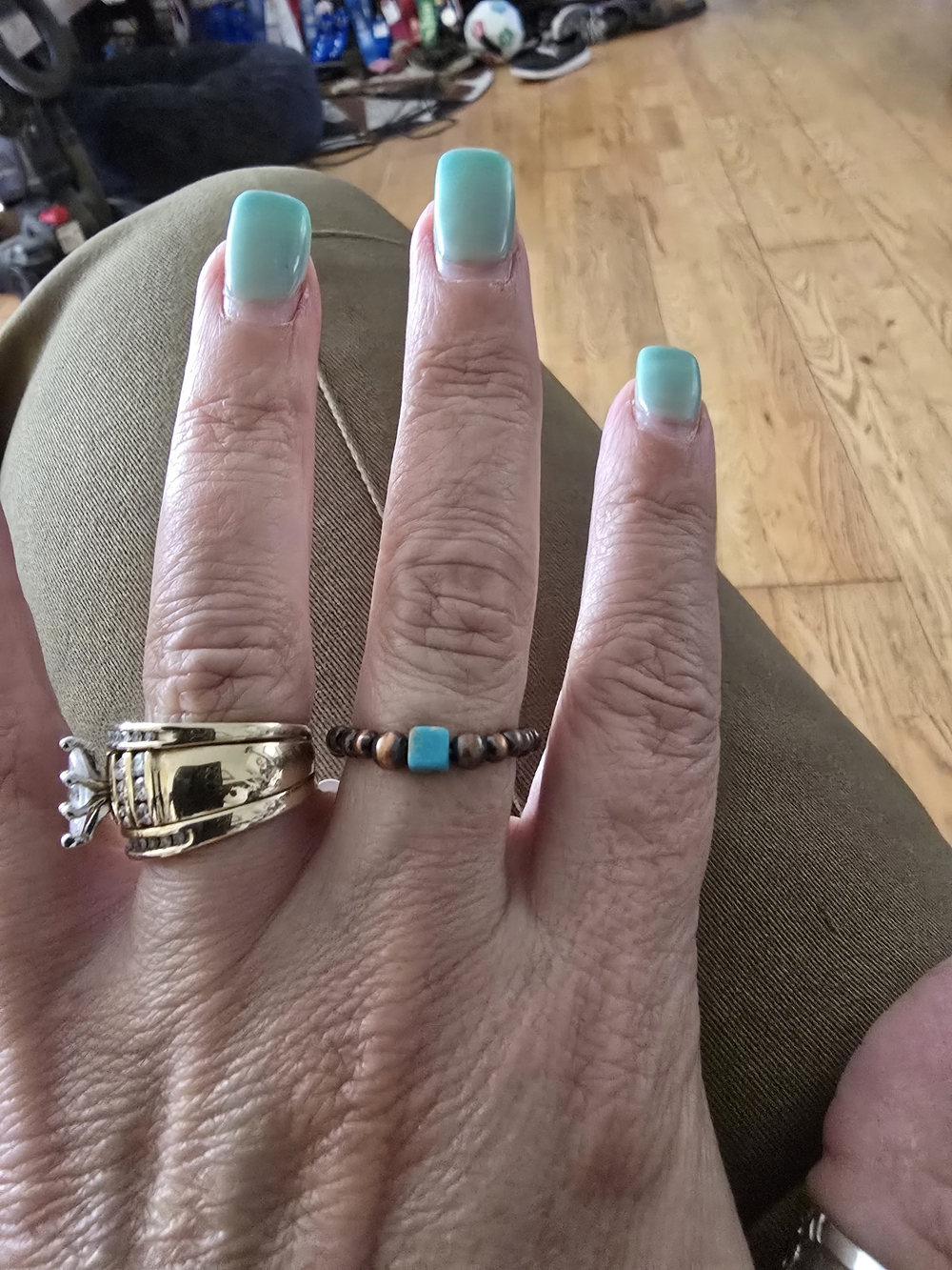 Turquoise And Copper Beaded Stretchy Stacking Ring